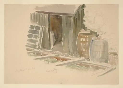 Sketch of a shed, cold frames and water butts in the garden at Gwaynynog, by Beatrix Potter