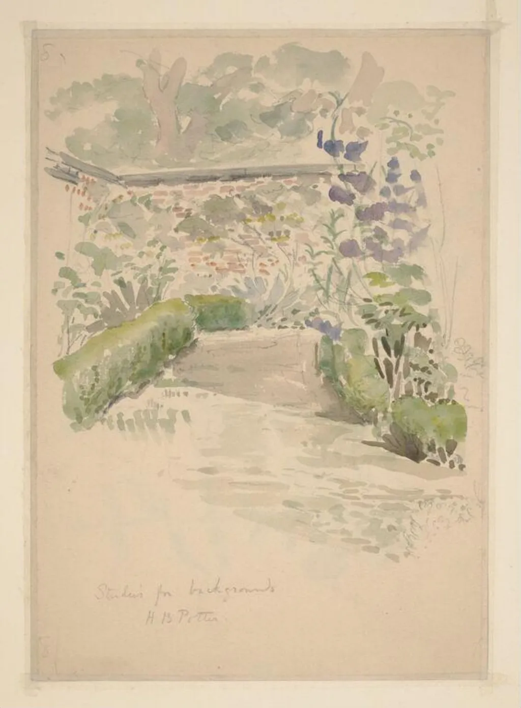 Sketch of the garden at Gwaynynog, Denbigh for <i>The Tale of the Flopsy Bunnies</i>, by Beatrix Potter, watercolor, 1909