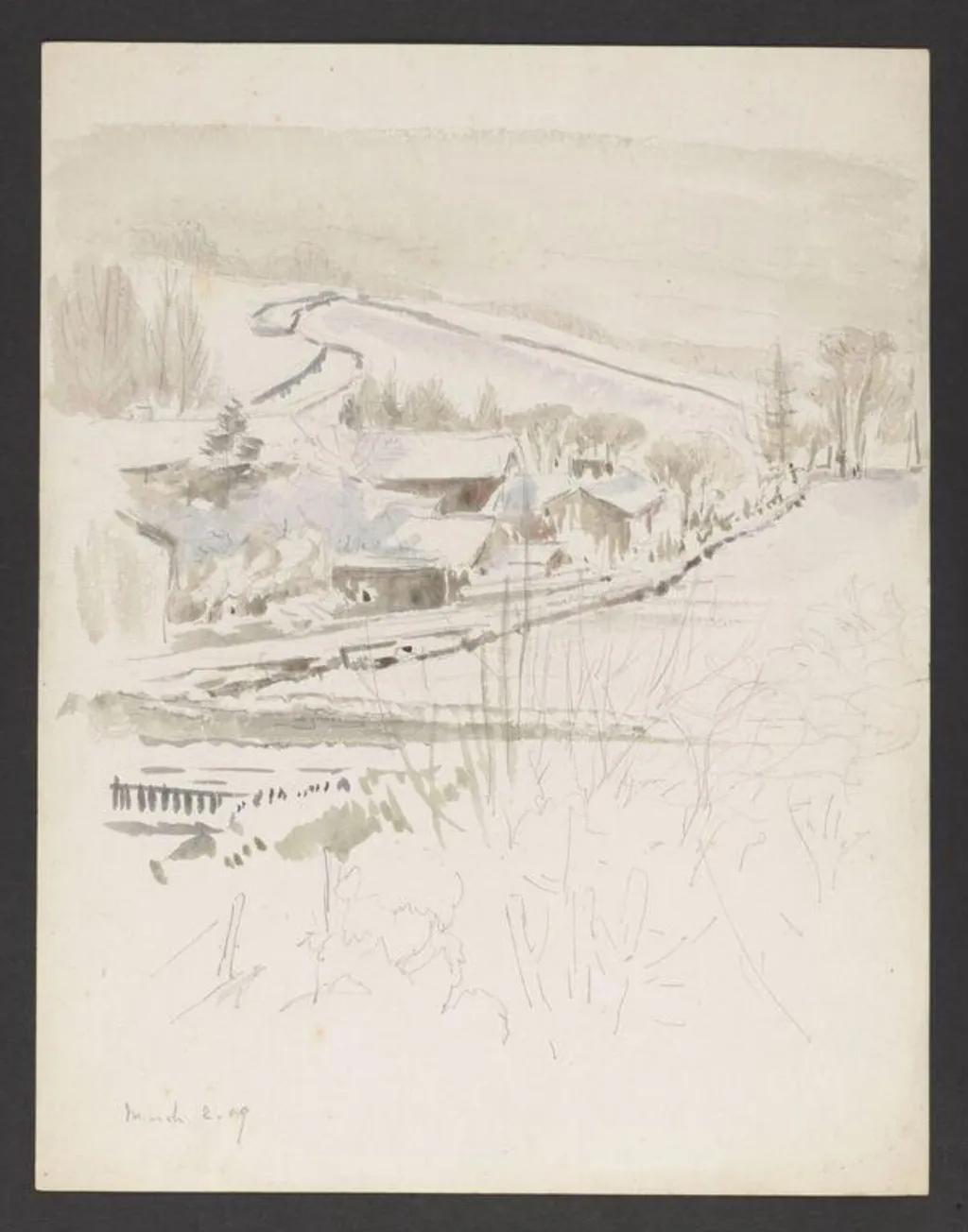Snow-covered buildings at the foot of a hill, by Beatrix Potter, watercolor, 2