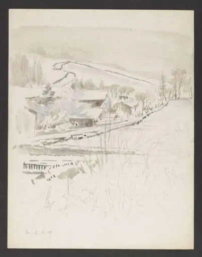 Snow-covered buildings at the foot of a hill, by Beatrix Potter