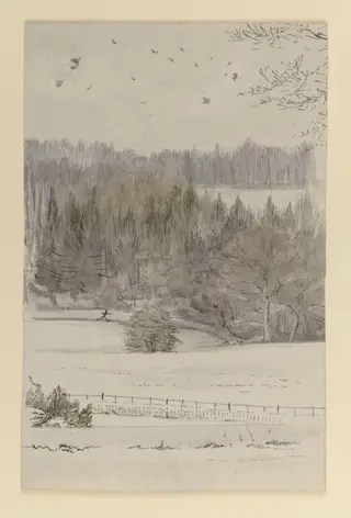 Snow scene looking across a tarn to fields and a wooded hillside, by Beatrix Potter, 1850