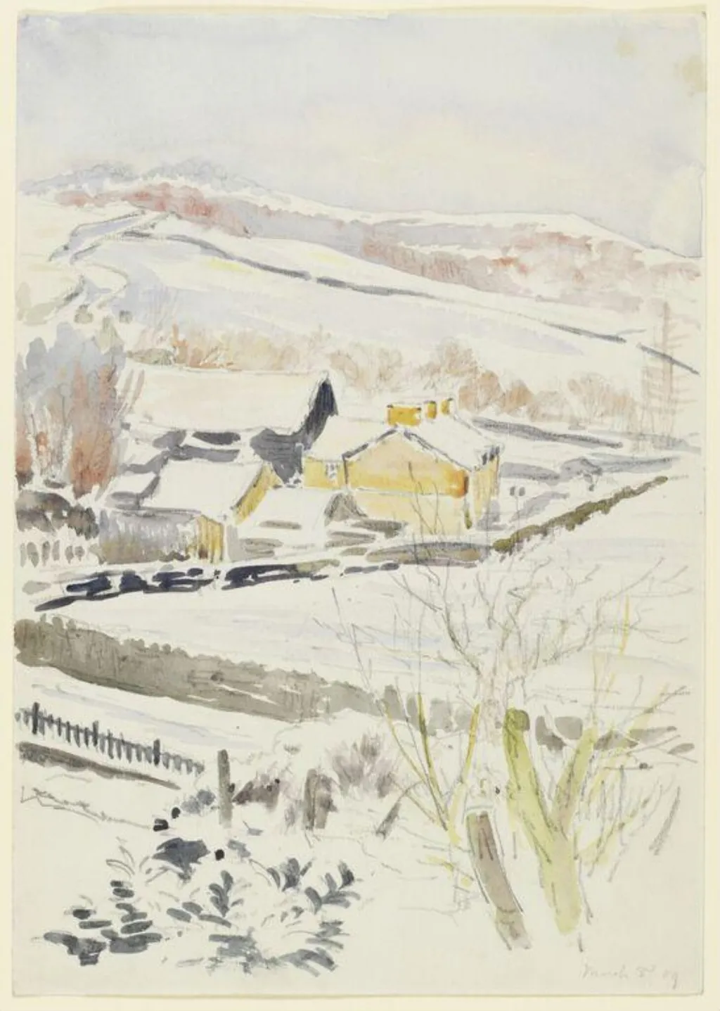 Snow scene showing a farm with outbuildings, and hillside beyond (near Sawrey), by Beatrix Potter, watercolor, 3