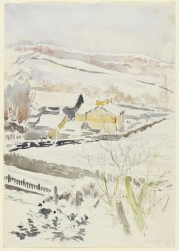 Snow scene showing a farm with outbuildings, and hillside beyond (near Sawrey), by Beatrix Potter