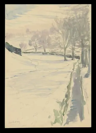 Snow scene with a path and trees, by Beatrix Potter