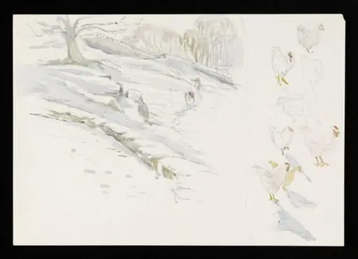 Snow scene with two cows (left) and sketches of chickens (right), by Beatrix Potter