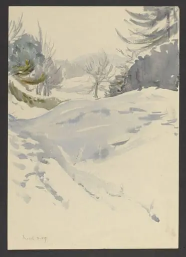 Snowy landscape with trees, by Beatrix Potter