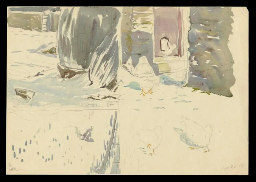 Snowy scenes: waterbutt in the snow; chickens in snow near doorway; chicken in snow, by Beatrix Potter, watercolor, 1910