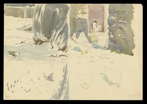 Snowy scenes: waterbutt in the snow; chickens in snow near doorway; chicken in snow, by Beatrix Potter