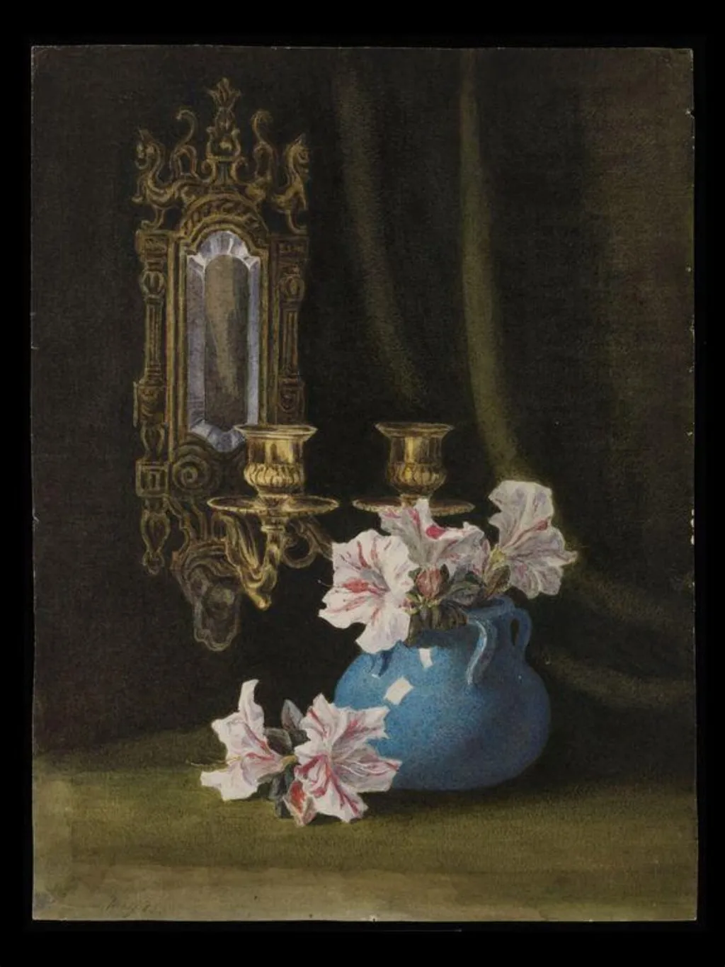 Still life study of a blue vase with pink and white pelargoniums and double wall sconce, by Beatrix Potter, watercolor, 1883