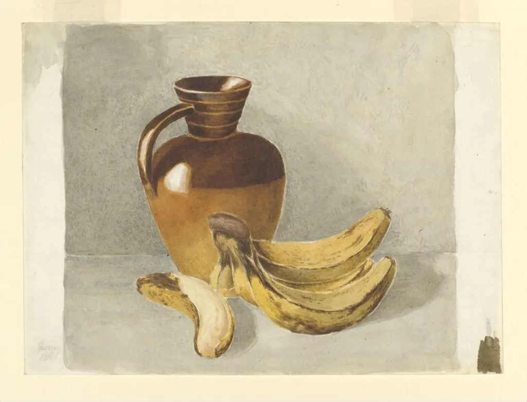 Still life study of a Lambeth salt-glazed stoneware jug and bananas, by Beatrix Potter, watercolor, 1881