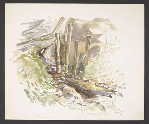 Study of a stream with wooden posts and boulders, by Beatrix Potter