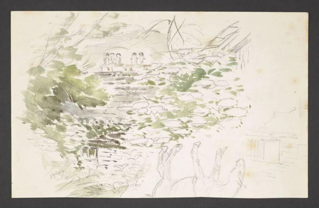 Study of a view through trees to the roof of a house and a rough sketch of a horse, by Beatrix Potter, watercolor, 1902
