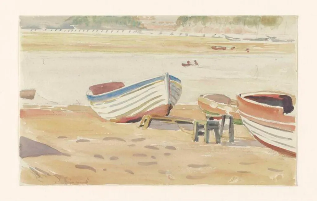 Study of rowing boats on a beach, with river beyond, by Beatrix Potter, watercolor, 1901