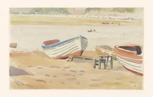 Study of rowing boats on a beach, with river beyond, by Beatrix Potter
