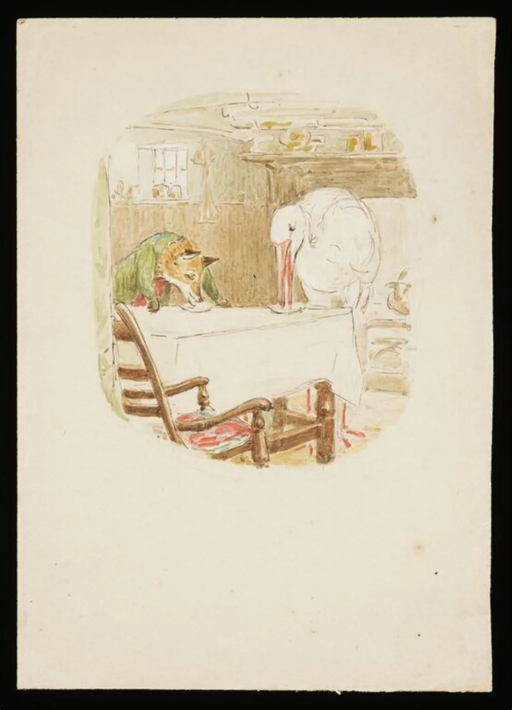 The fox and the stork eating a meal, by Beatrix Potter, watercolor, 1919