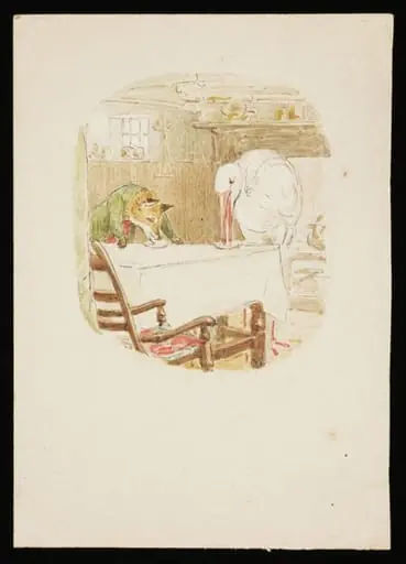 The fox and the stork eating a meal, by Beatrix Potter