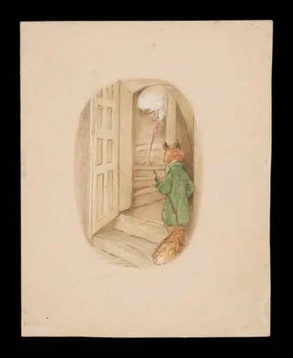 The fox following the stork up a staircase, by Beatrix Potter