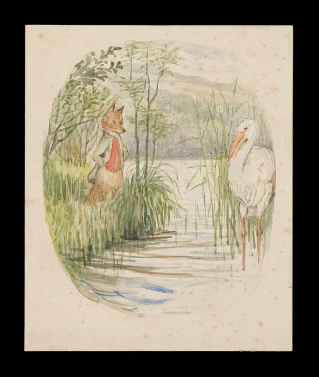 The fox looking over the stream at the stork, by Beatrix Potter, watercolor, 1919