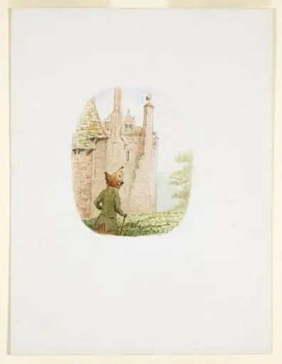 The fox looks up at the stork standing on top of a tower, by Beatrix Potter