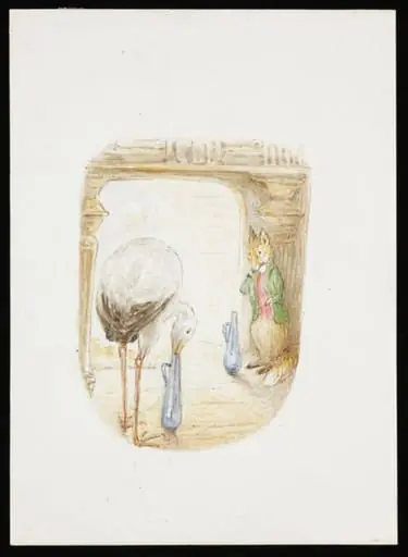 The fox watching the stork feeding from a narrow-necked jar, by Beatrix Potter