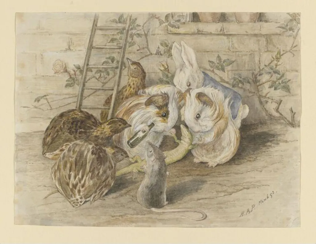 The little lizard, Bill, supported by two guinea-pigs, by Beatrix Potter, watercolor, 1893