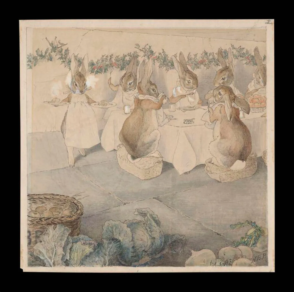 The Rabbits' Christmas Party: Christmas Dinner, by Beatrix Potter, watercolor, 1892