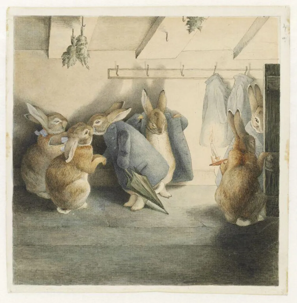 The Rabbits' Christmas Party: The Departure, by Beatrix Potter, watercolor, 1892