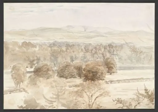 The Tweed surrounded by woodland, with the Cheviots in the background, by Beatrix Potter