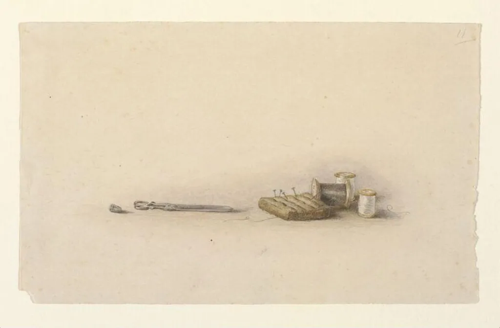 Thimble, scissors, pin-cushion and cotton reels, by Beatrix Potter, watercolor, 1892