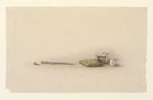 Thimble, scissors, pin-cushion and cotton reels, by Beatrix Potter