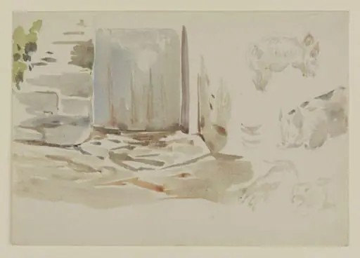 Three studies of a piglet (right) and study of a gate in a wall (left), by Beatrix Potter