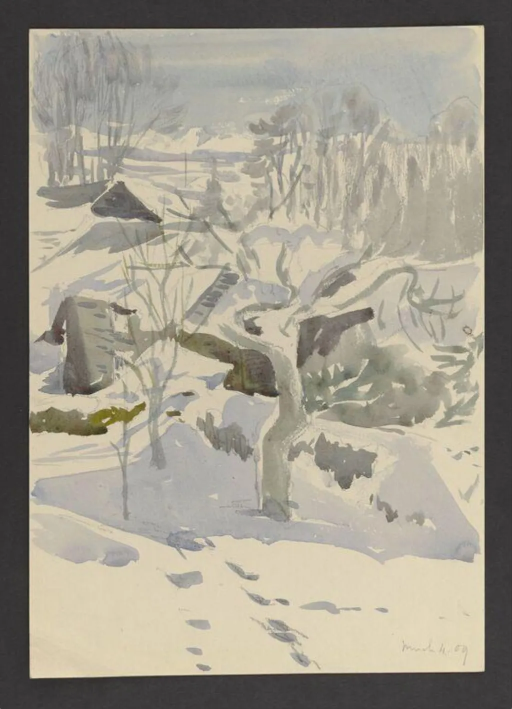 Trees and roofs in snow, by Beatrix Potter, watercolor, 4