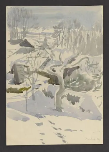 Trees and roofs in snow, by Beatrix Potter