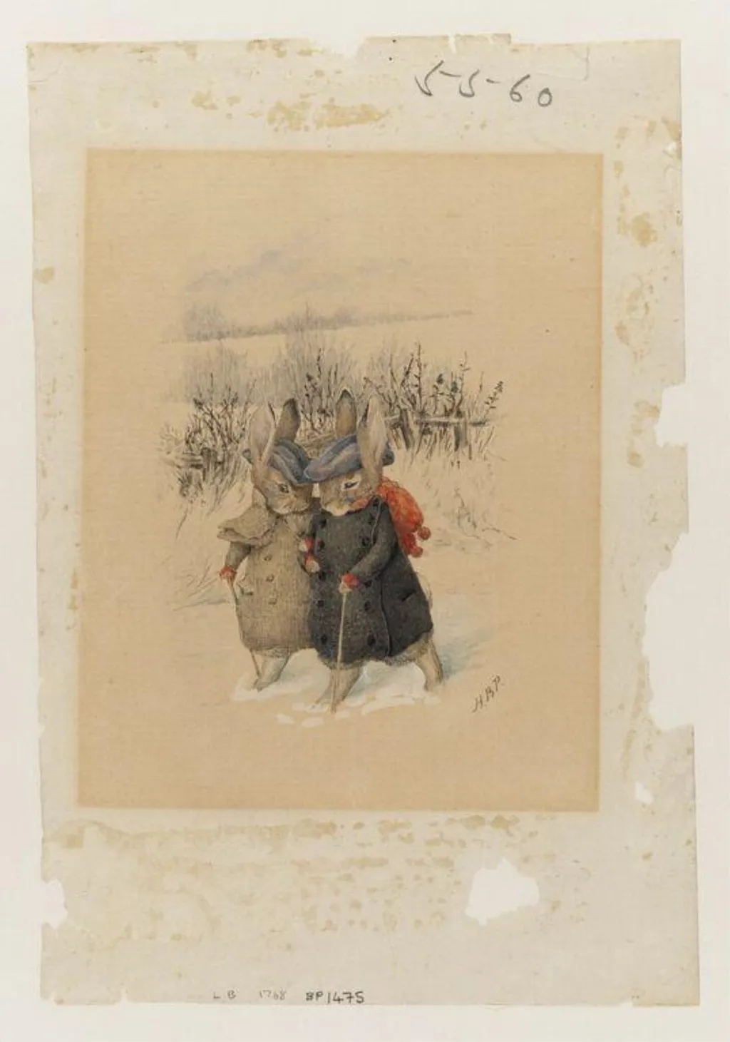 Two rabbits in hats and coats with walking sticks walking through snow, by Beatrix Potter, watercolor, 1890