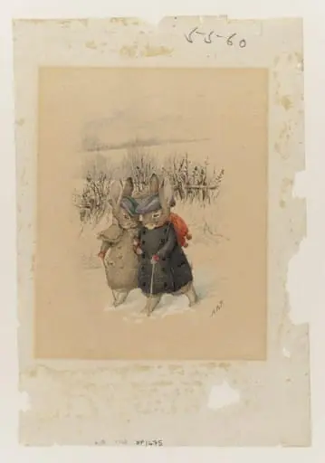 Two rabbits in hats and coats with walking sticks walking through snow, by Beatrix Potter