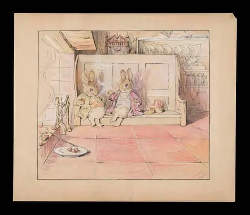 Two rabbits smoking pipes, by Beatrix Potter