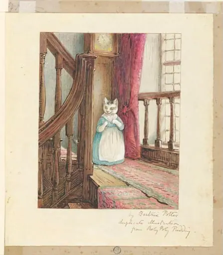 Variant illustration of Mrs. Tabitha Twitchit standing on a staircase landing, by Beatrix Potter