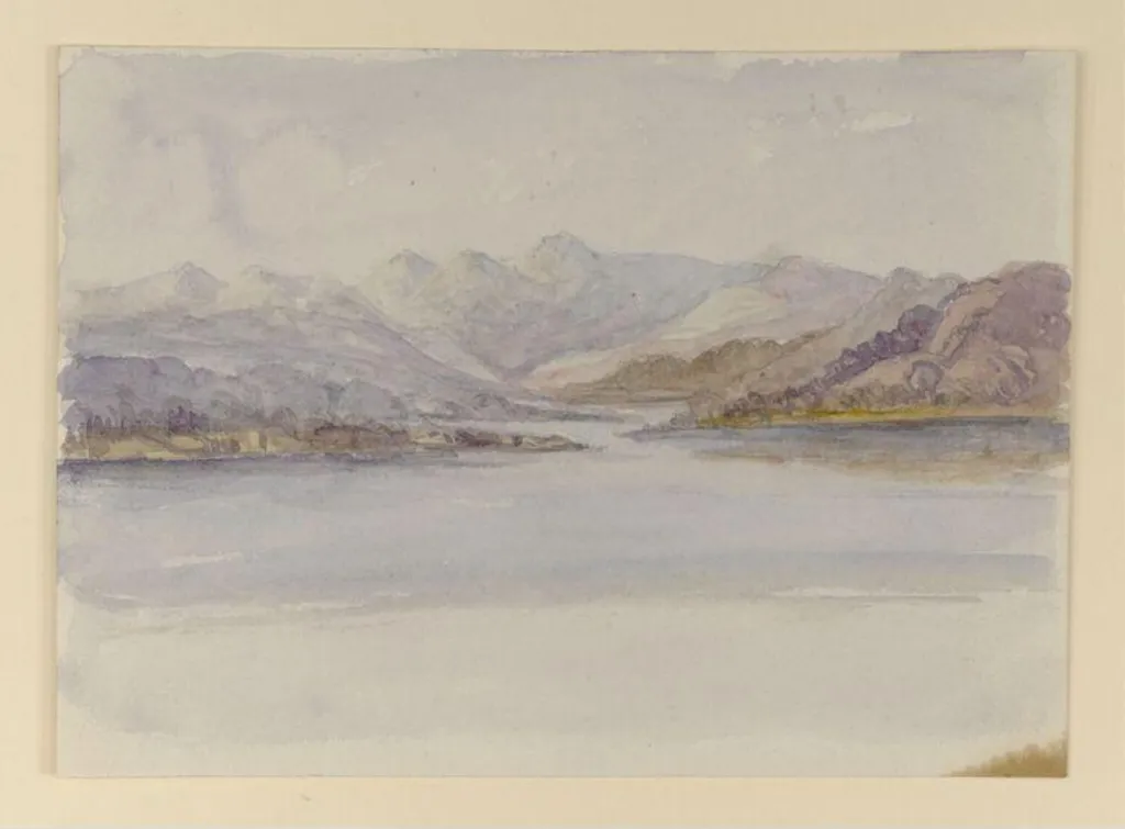 View across a lake to the Langdale Pikes, by Beatrix Potter, watercolor, 1909