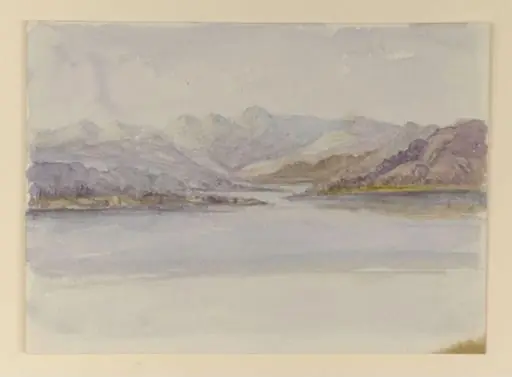 View across a lake to the Langdale Pikes, by Beatrix Potter