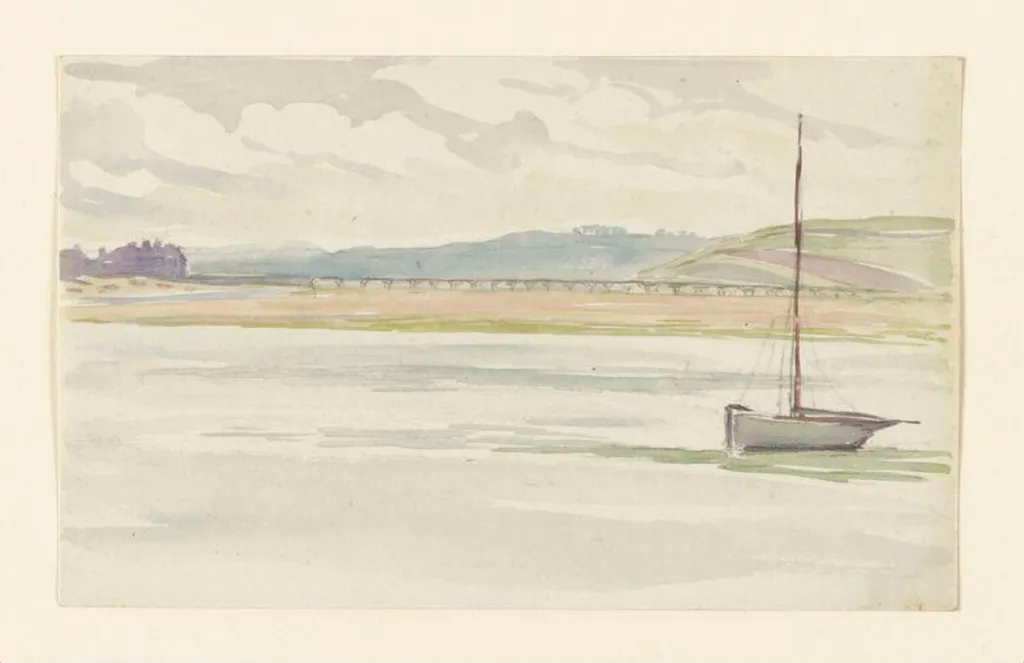 View of a bridge from across a river, with boat in foreground, by Beatrix Potter, watercolor, 1901