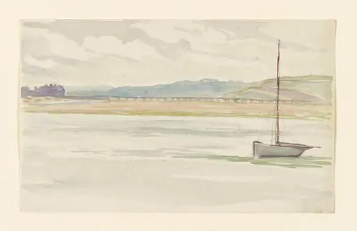 View of a bridge from across a river, with boat in foreground, by Beatrix Potter