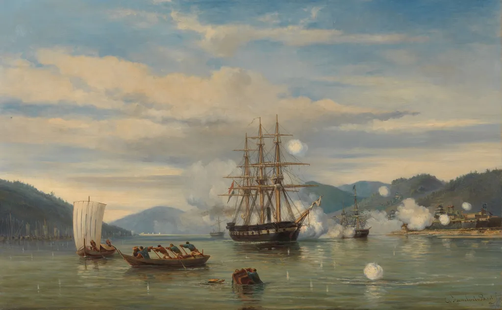 HNLMS Steam Warship Medusa Forcing Passage through the Shimonoseki Strait, by Jacob Eduard van Heemskerck van Beest, oil, 1864