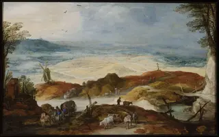 Sandy landscape with travellers and cattle, by Joos de Momper the Younger, oil, 1612