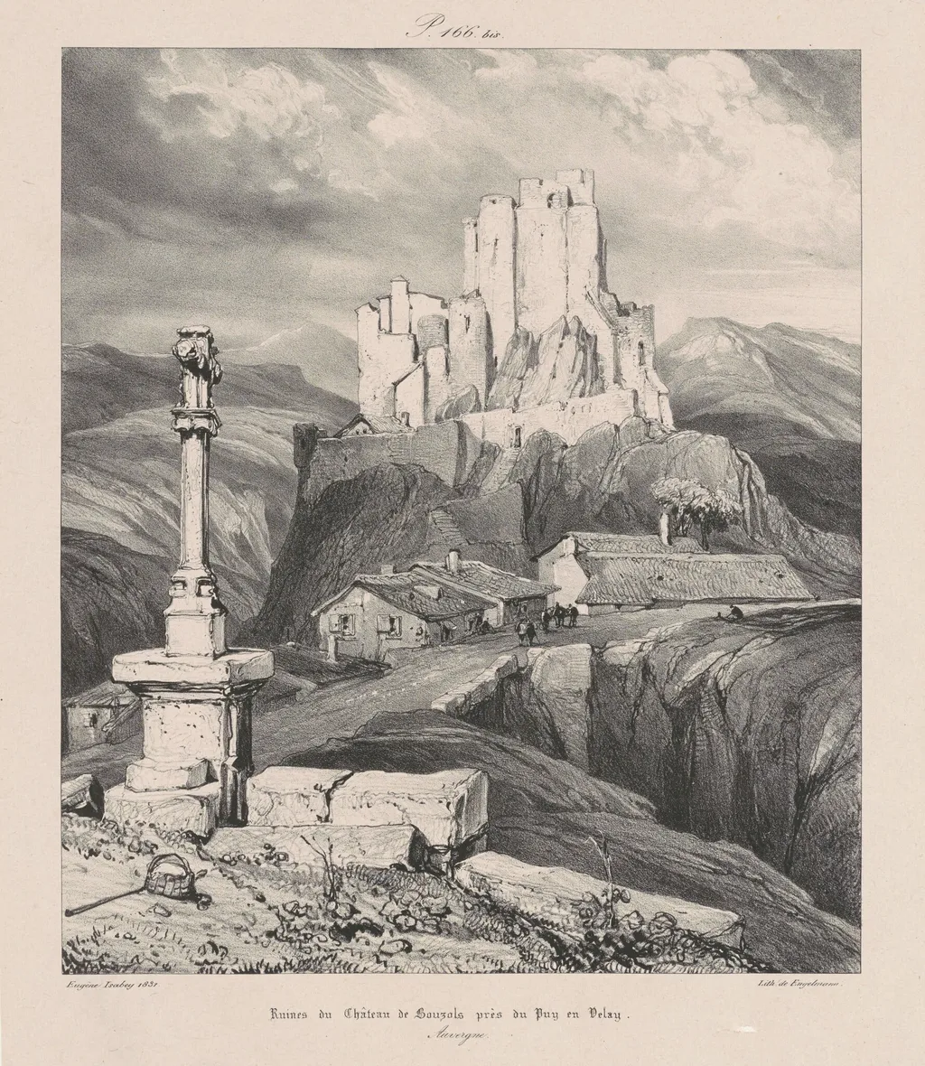 Ruines du Chateau de Bouzols Pres du Puy en Delay, by Eugène Isabey, ink, 1831