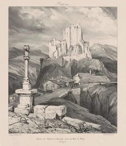 Ruines du Chateau de Bouzols Pres du Puy en Delay, by Eugène Isabey, ink, 1831