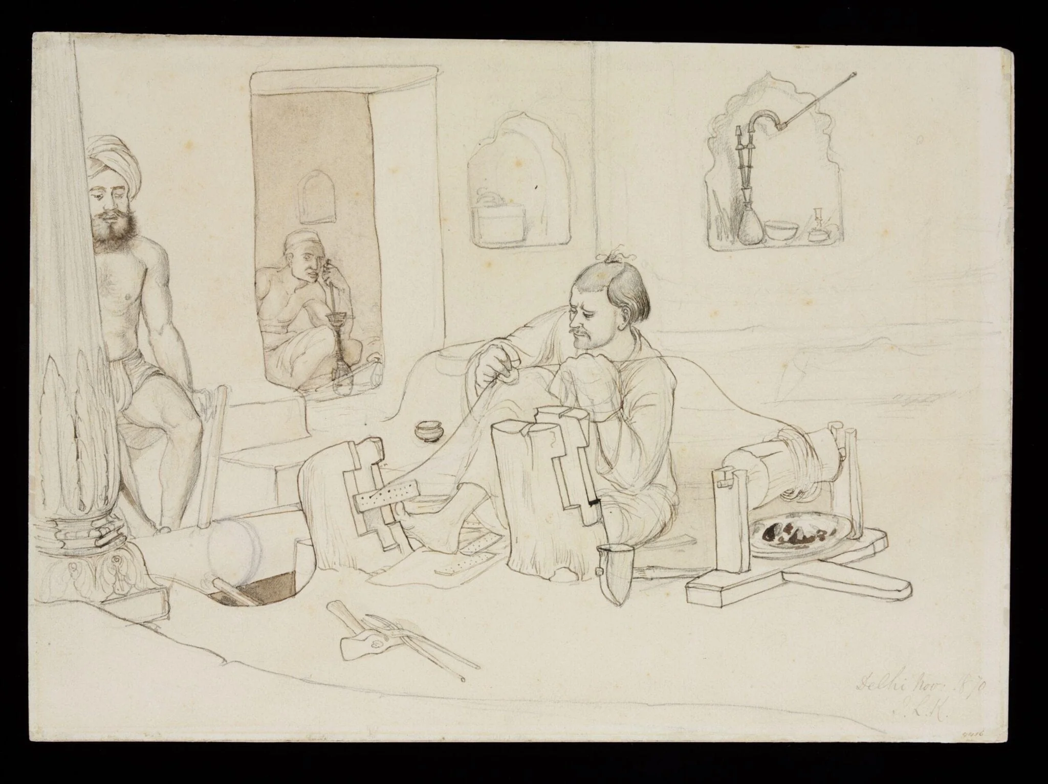 Three men in a workshop producing silver gilt wire, detail