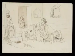 Three men in a workshop producing silver gilt wire, by John Lockwood Kipling, 1870