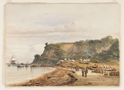 Landing of British and French Troops at Varna on the Black Sea from H.M.S Bellerophon, 17 July 1854, in the Crimean War, by Ben Hallewell