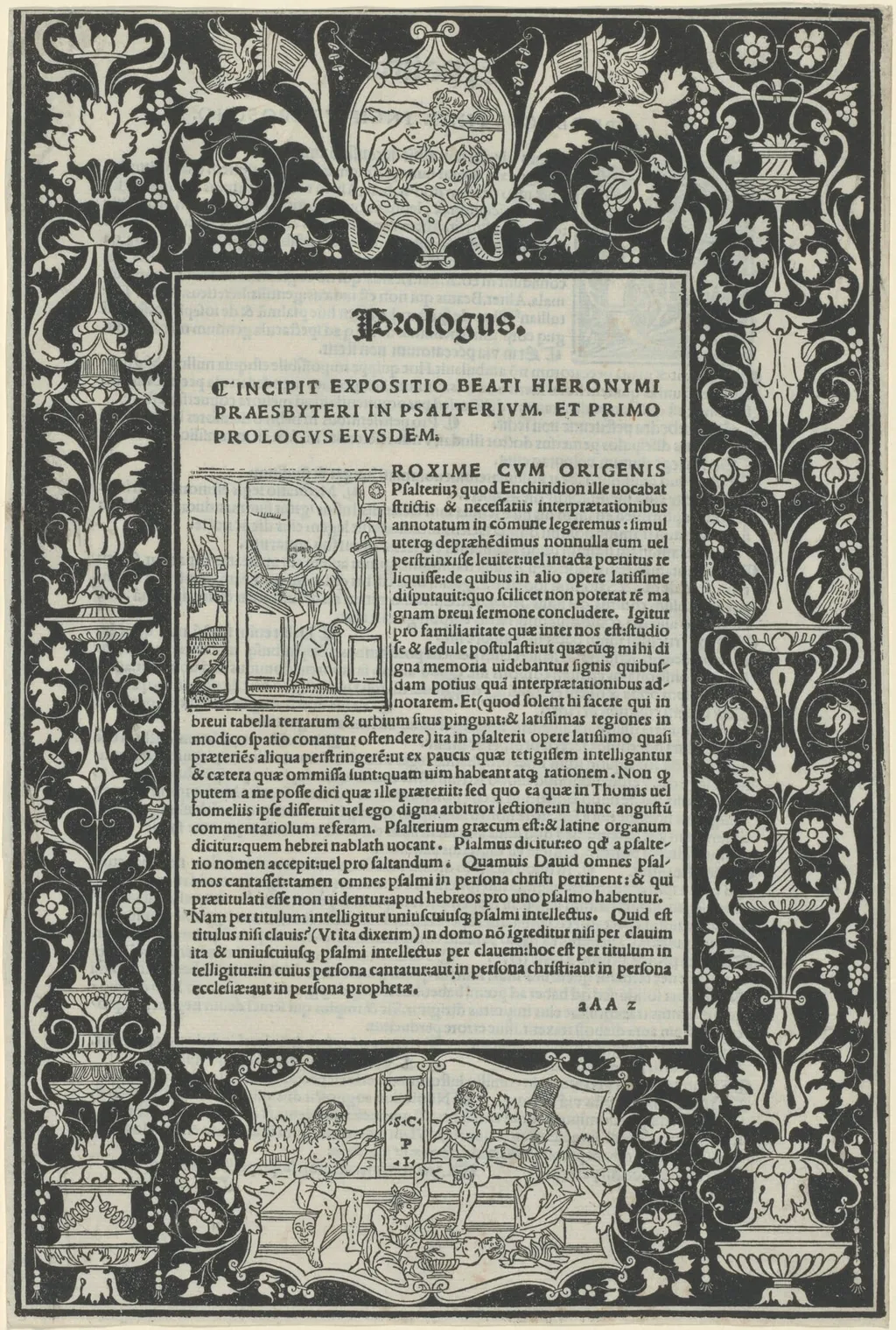 A White Line Border with Two Cartouches: "A Satyr Sacrificing a Ram," and "The Choice of Hercules", by Benedetto Bordon, ink, 1498
