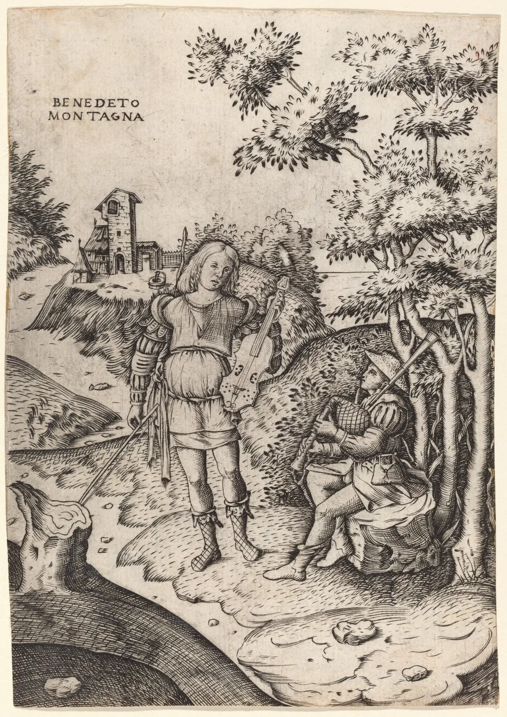 Apollo and Marsyas, by Benedetto Montagna, ink, 1518